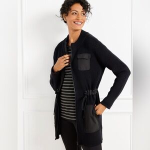 Talbots Drawcord Waist Woven Trim Sweater Jacket